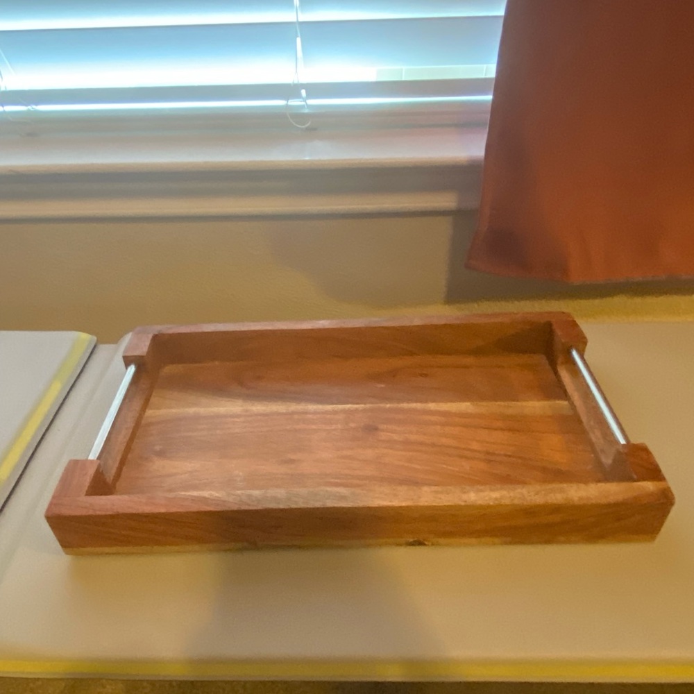 Elegant Wooden Bath Tray with Metal Handles - EUC